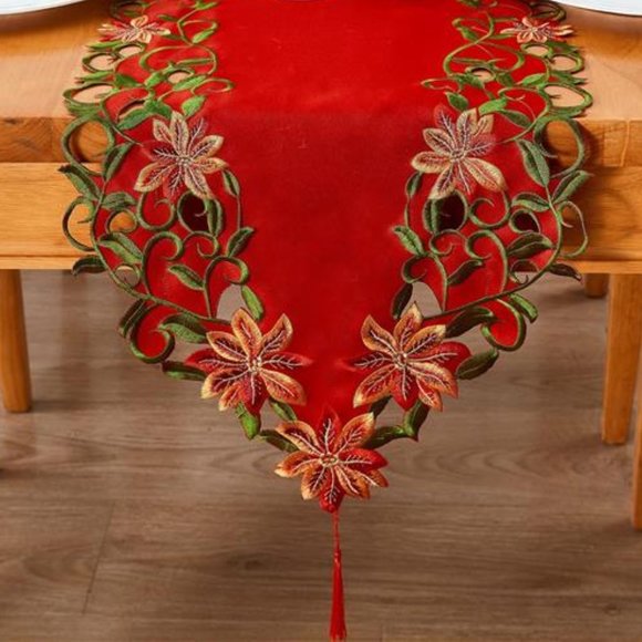 Christmas Table Runner Red Embroidered Decorative Cloth Holiday Decor Decoration - Picture 1 of 7